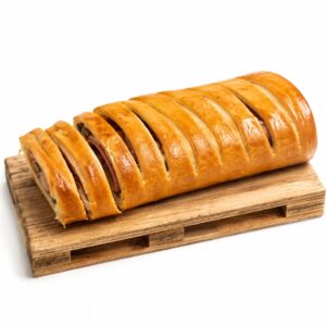 Pan de jamón venezolano artesanal recién horneado, corte mostrando el relleno